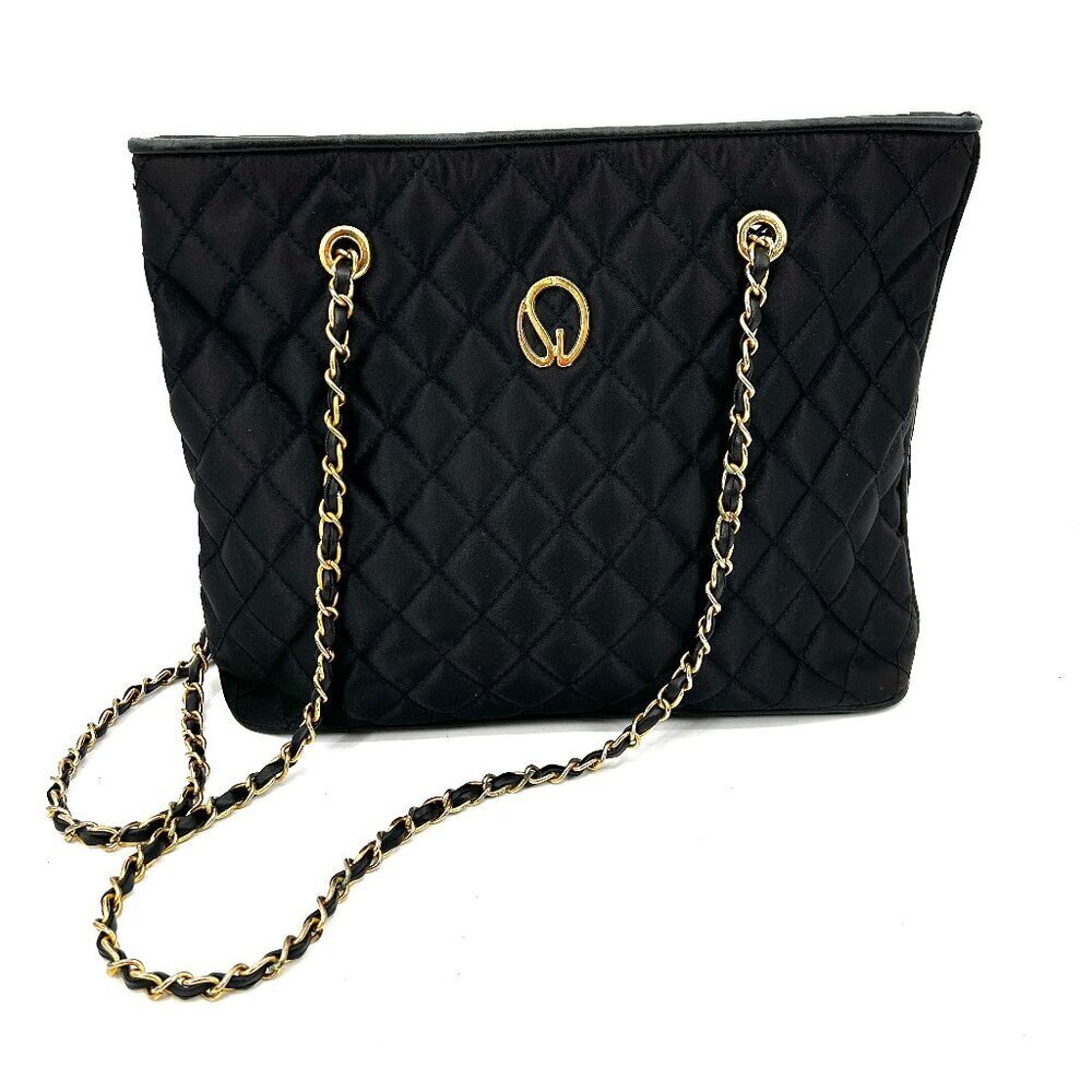 ST. JOHN Vintage Black Gold Tone Quilted Fabric Medium Shoulder Bag Purse